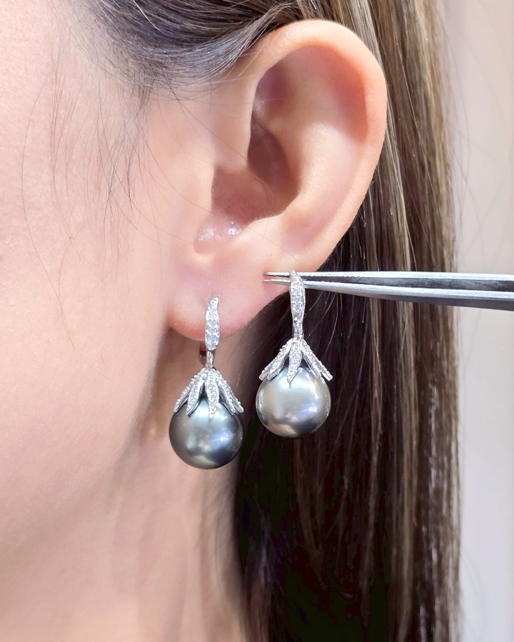 13 mm Tahitian Pearl and Diamond Drop Earrings in 18K White Gold - Image 2