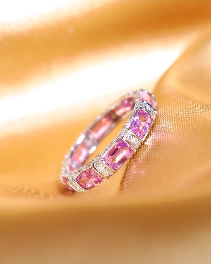 3.71 Carat Ceylon Pink Sapphire and Diamond Eternity Ring in 18K White Gold - Image 4