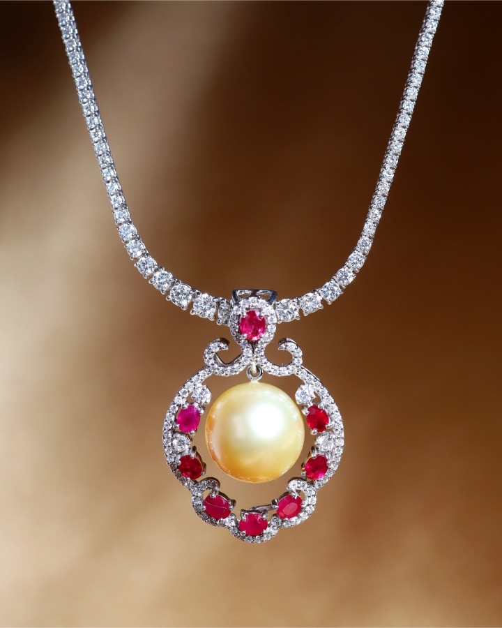 14.5 mm Golden South Sea Pearl, Burmese Ruby and Diamond Pendant in 18K White Gold - Image 3