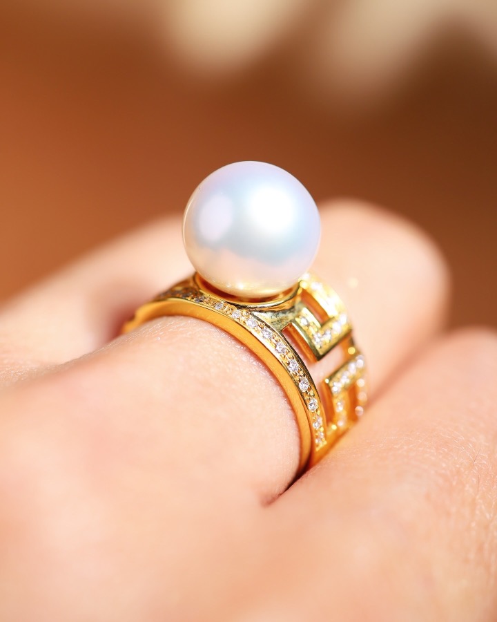 Art Deco South Sea Pearl & Diamond Ring in 18K Yellow Gold - Image 6