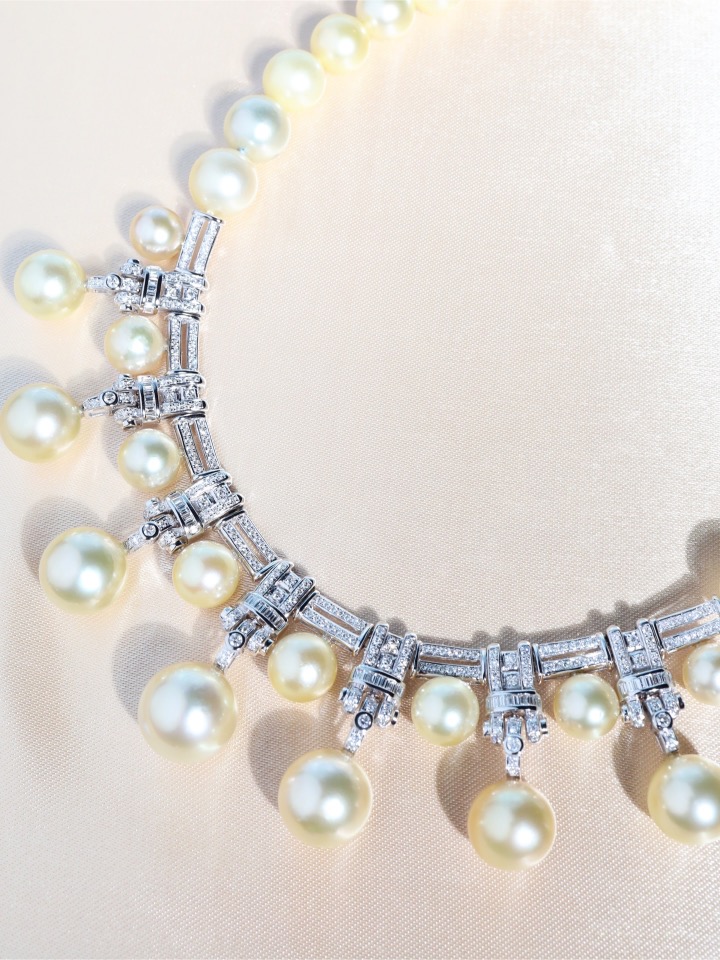 Art Deco Golden South Sea Pearl and Diamond Necklace in 18K White Gold - Image 3