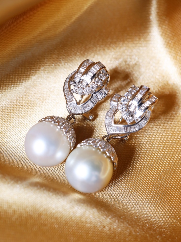 14 mm Australian South Sea Pearl and Diamond Drop Earrings in 18K White Gold - Image 3