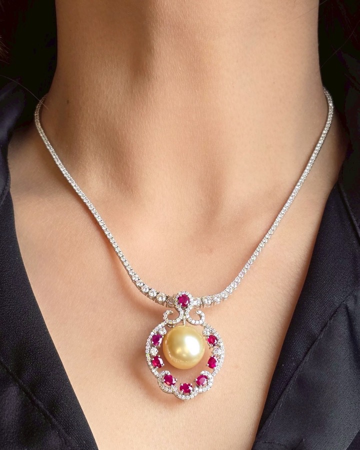 14.5 mm Golden South Sea Pearl, Burmese Ruby and Diamond Pendant in 18K White Gold - Image 2
