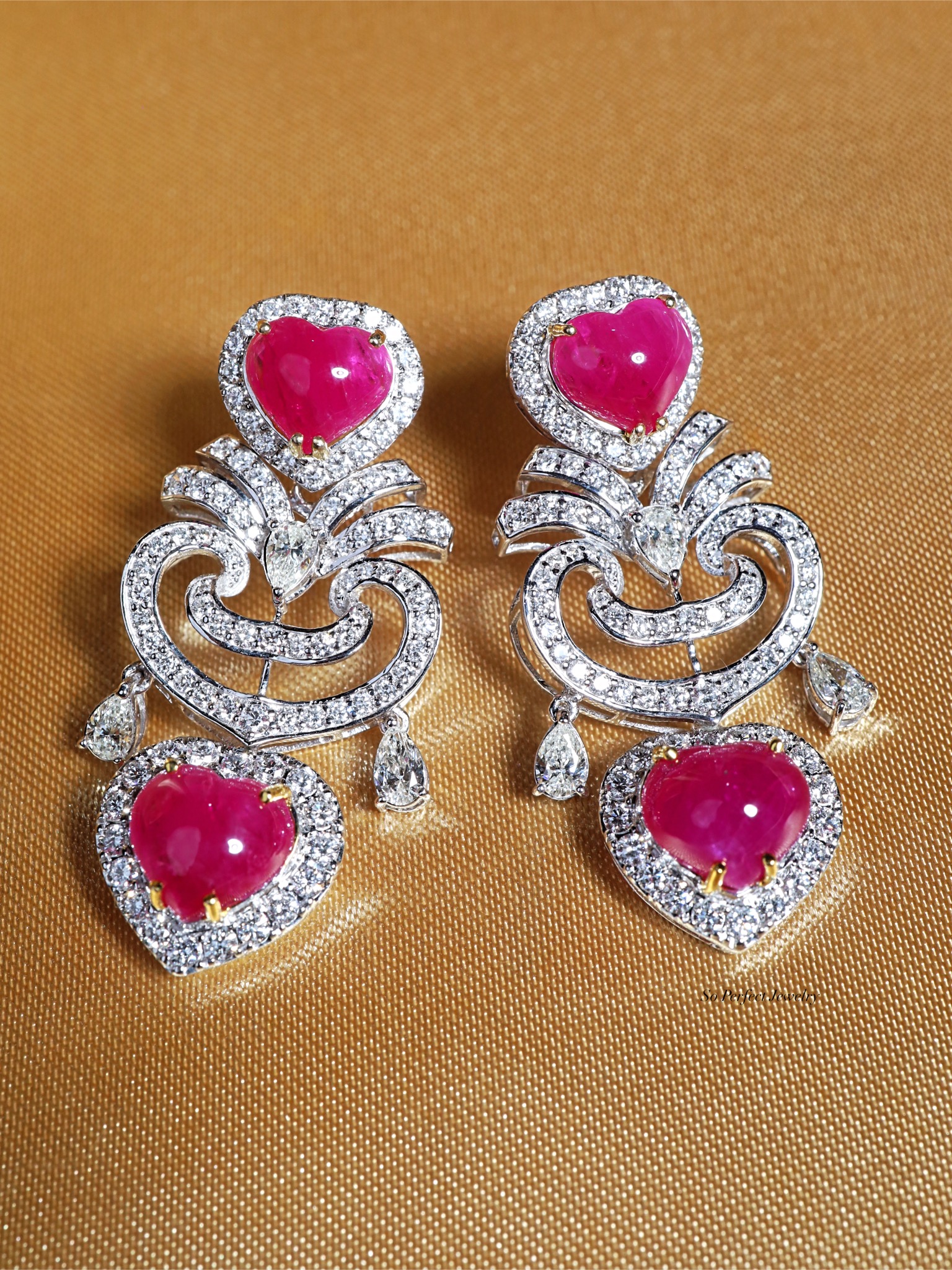 13.30 Carat Heart-Shaped Burmese Ruby and Diamond Chandelier Earrings