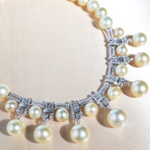 Art Deco Golden South Sea Pearl and Diamond Necklace in 18K White Gold