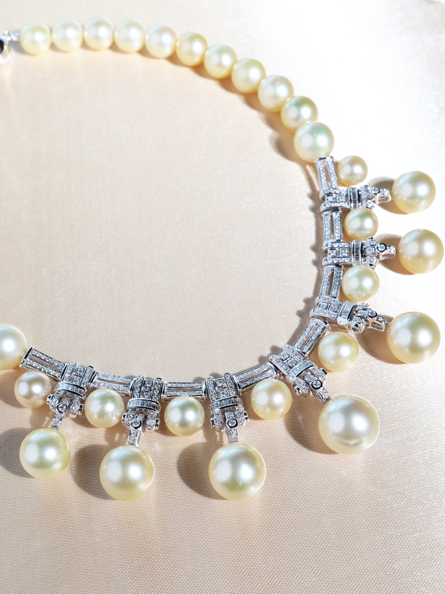 Art Deco Golden South Sea Pearl and Diamond Necklace in 18K White Gold