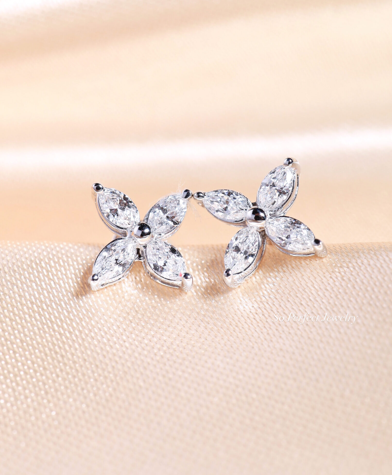 1.05 Carat Marquise Diamond Flower Stud Earrings in 18K White Gold