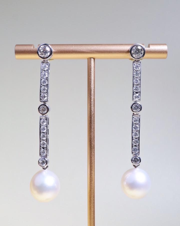 11 mm South Sea Pearl and Diamond Art Deco Drop Earrings in 18K White Gold - Image 8