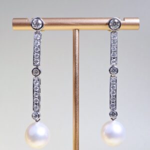 11 mm South Sea Pearl and Diamond Art Deco Drop Earrings in 18K White Gold