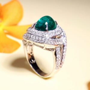 4.52 Carat Zambian Cabochon Emerald and Diamond Ring in 18K White Gold