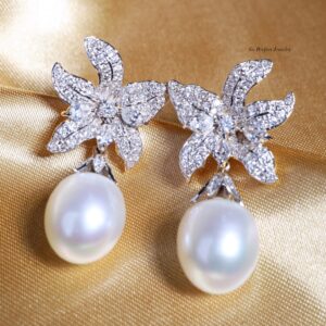 South Sea Pearl and Diamond Floral Earrings in 18K White Gold