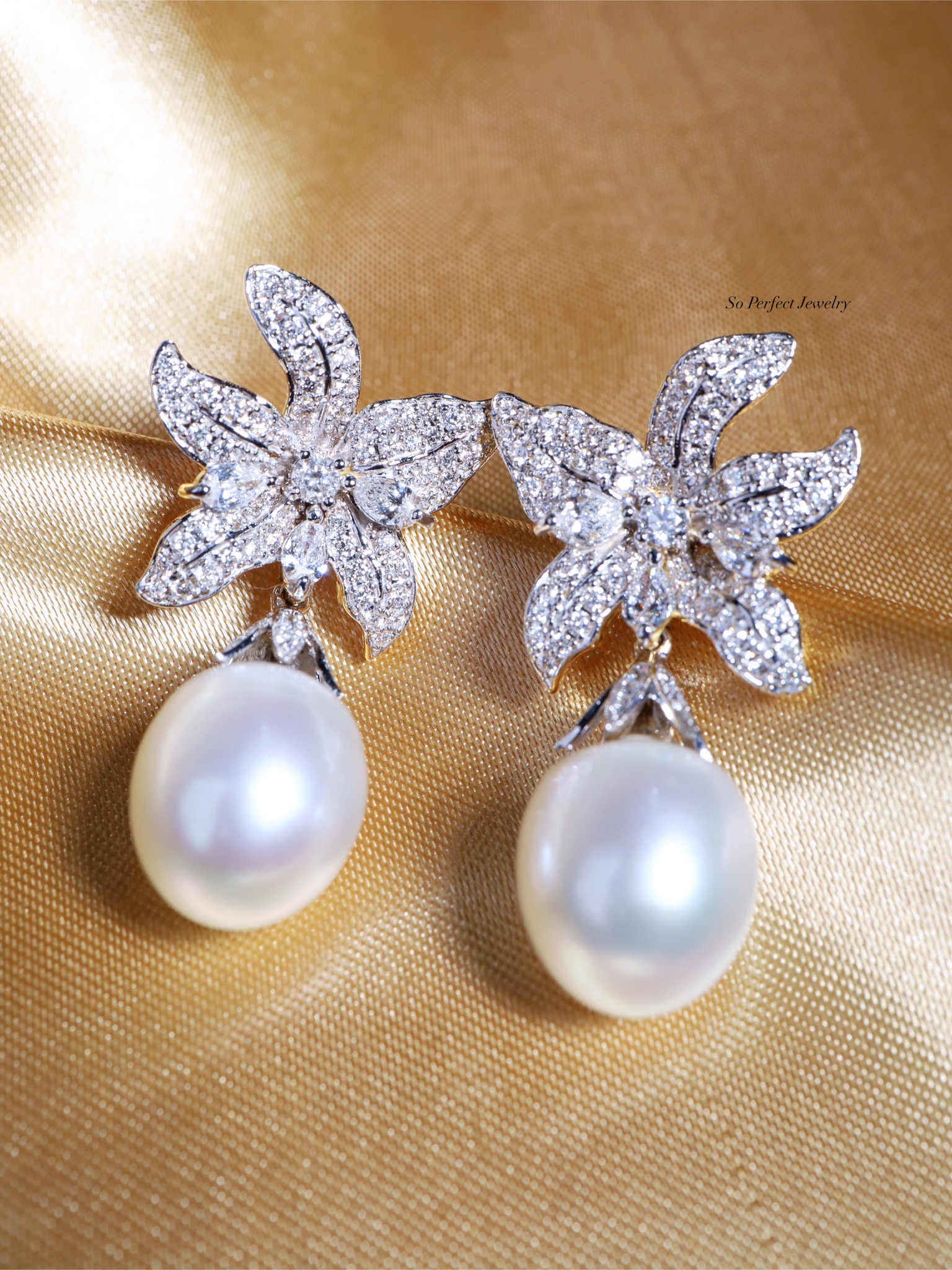 South Sea Pearl and Diamond Floral Earrings in 18K White Gold