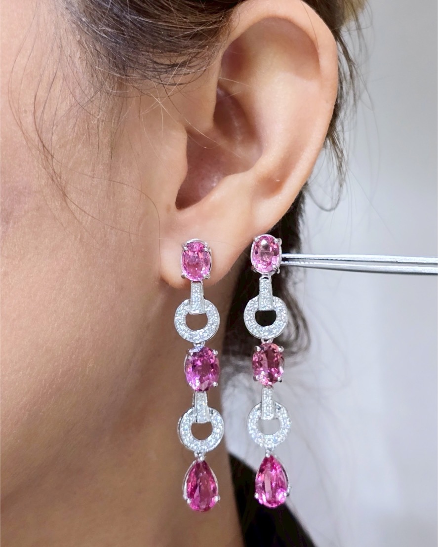 7.36 Carat Rubellite Tourmaline and Diamond Drop Earrings - Image 2