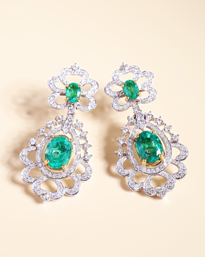 7.51 Carat Zambian Emerald and Diamond Floral Chandelier Earrings - Image 3