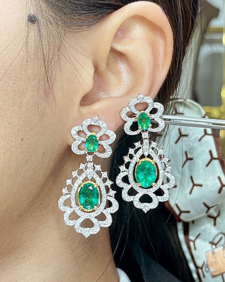 7.51 Carat Zambian Emerald and Diamond Floral Chandelier Earrings - Image 2