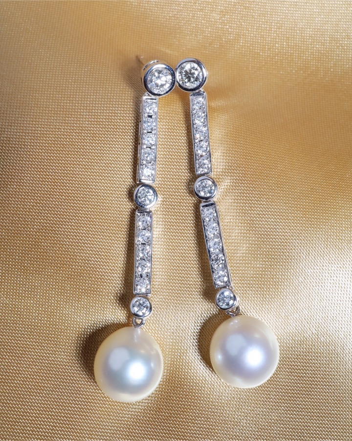 11 mm South Sea Pearl and Diamond Art Deco Drop Earrings in 18K White Gold - Image 7