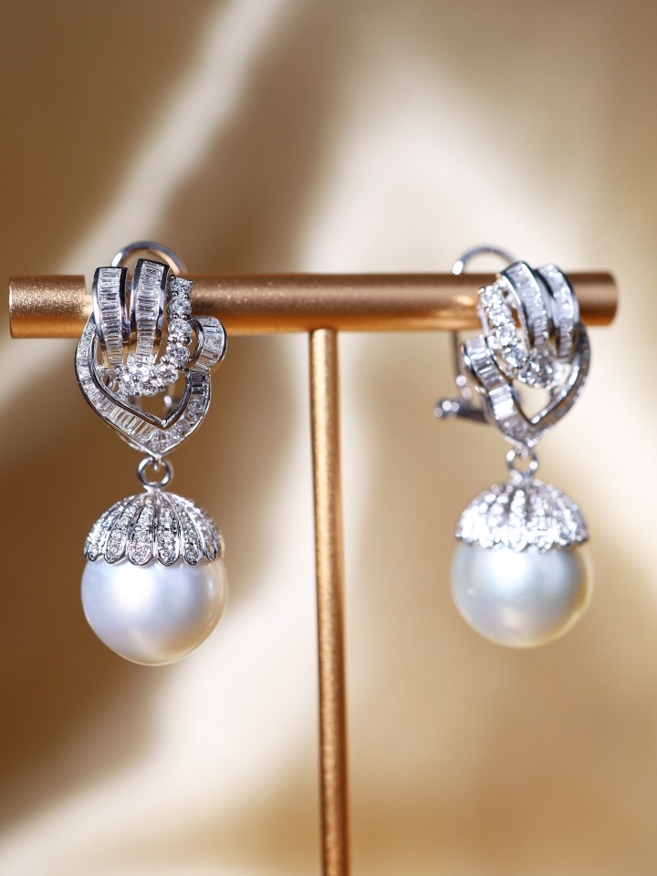 14 mm Australian South Sea Pearl and Diamond Drop Earrings in 18K White Gold - Image 7