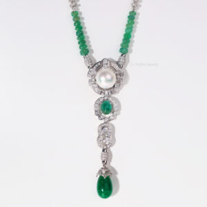 11.58 Carat Zambian Emerald, South Sea Pearl and Diamond Art Deco Necklace