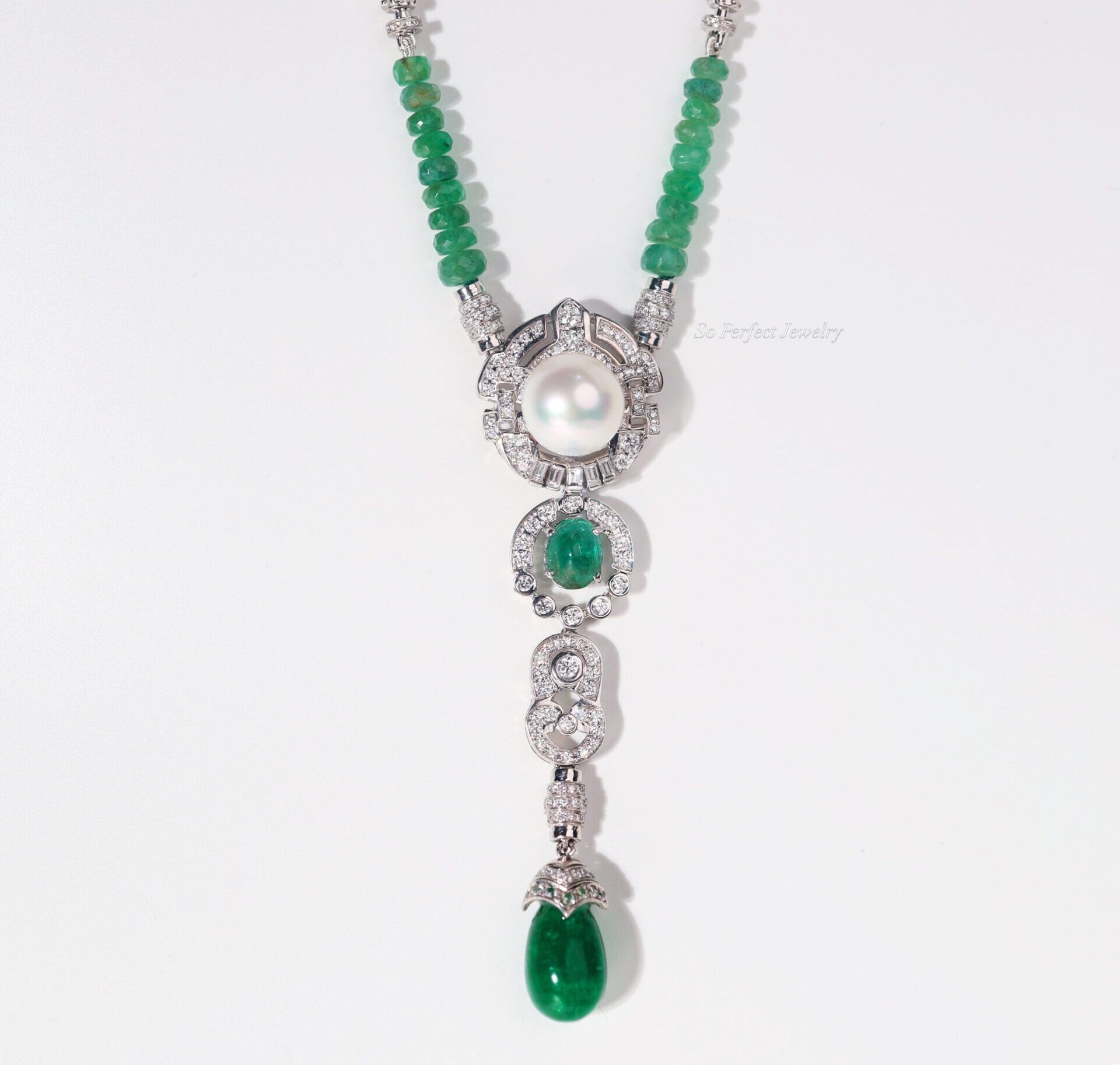 11.58 Carat Zambian Emerald, South Sea Pearl and Diamond Art Deco Necklace