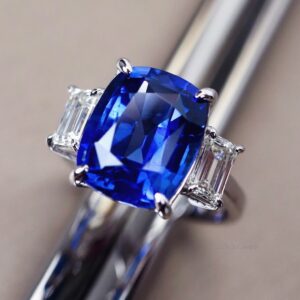 7.46 Carat Ceylon Blue Sapphire and Diamond Three-Stone Ring in 18K White Gold