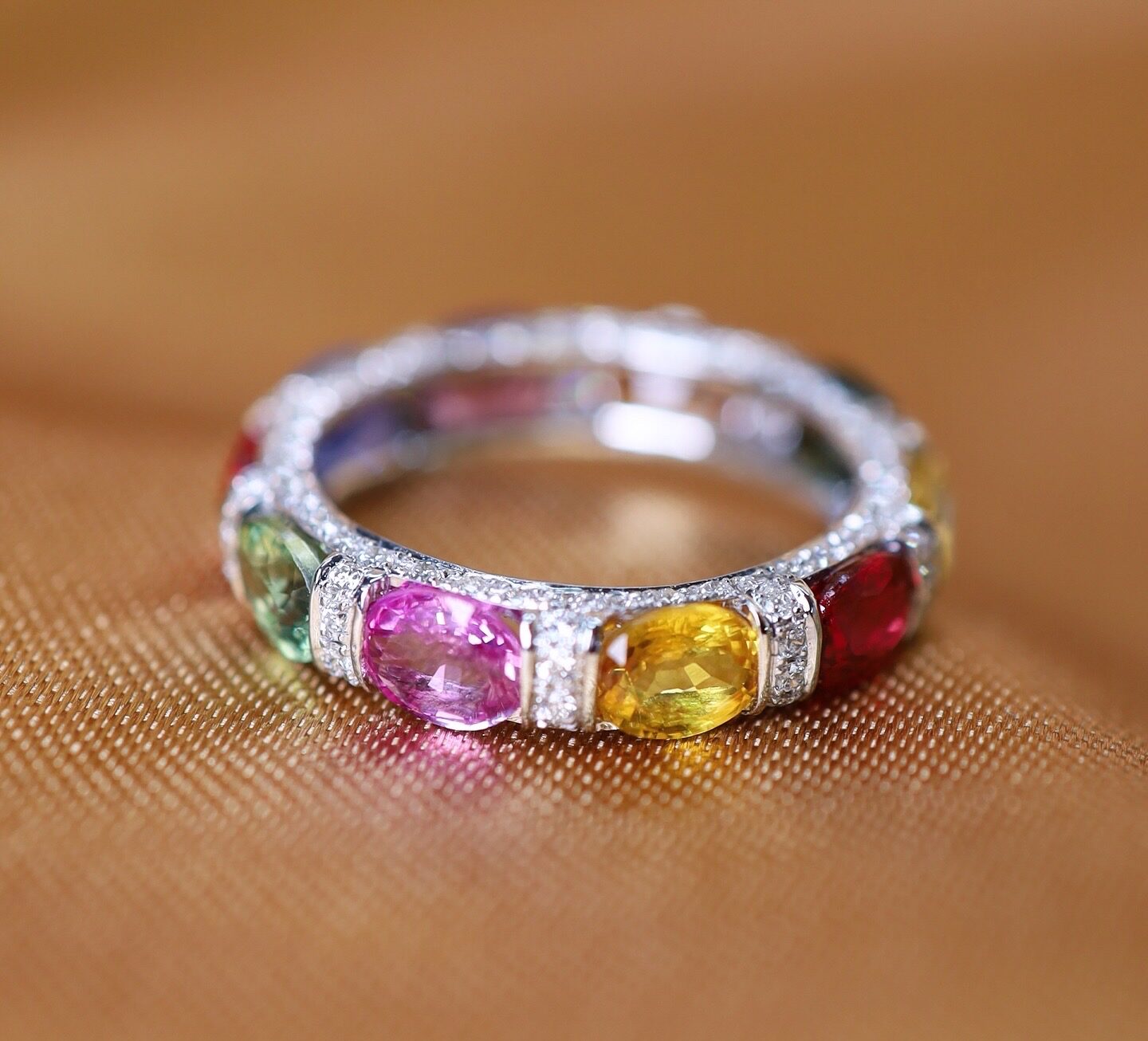 5.28 Carat Rainbow Ceylon Sapphire and Diamond Eternity Ring in 18K White Gold