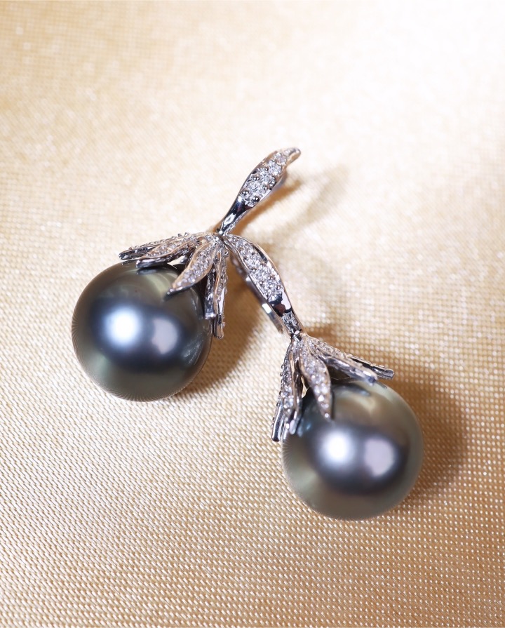 13 mm Tahitian Pearl and Diamond Drop Earrings in 18K White Gold - Image 3