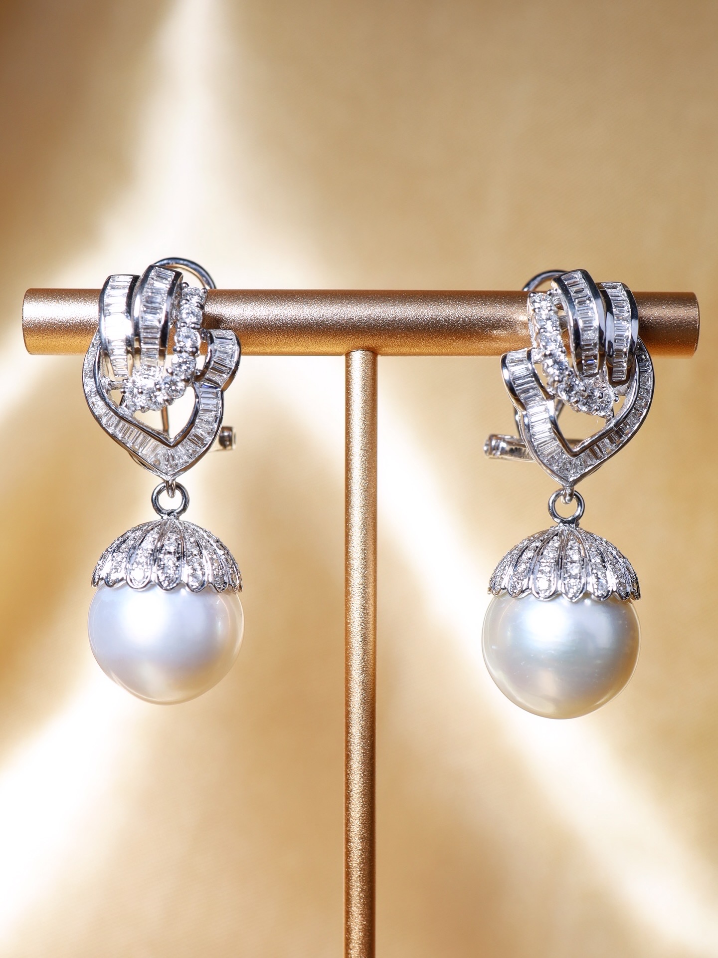 14 mm Australian South Sea Pearl and Diamond Drop Earrings in 18K White Gold
