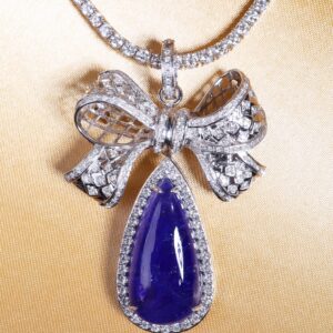32.14 Carat Pear Cabochon Tanzanite Diamond Brooch Pendant in 18K White Gold