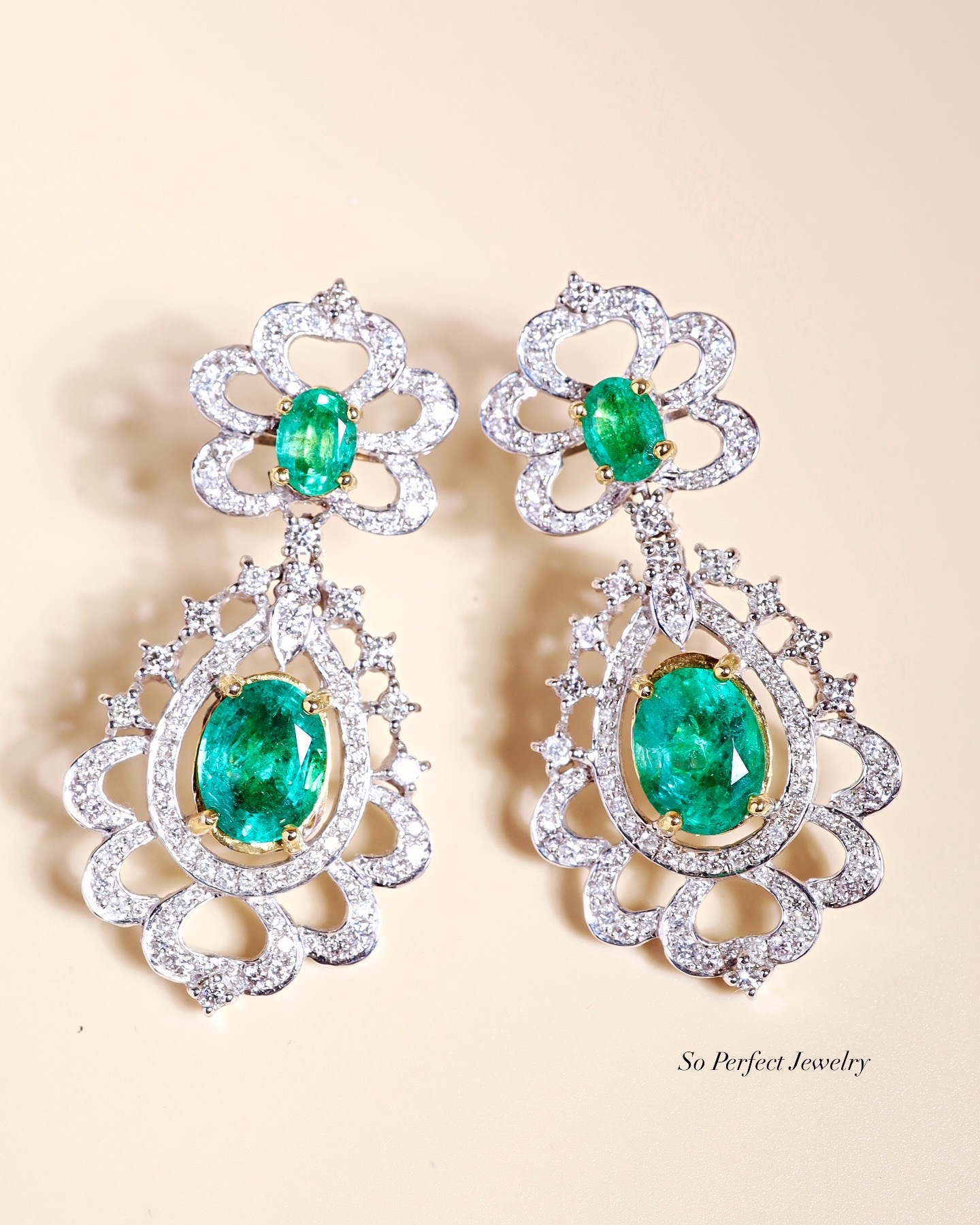 7.51 Carat Zambian Emerald and Diamond Floral Chandelier Earrings
