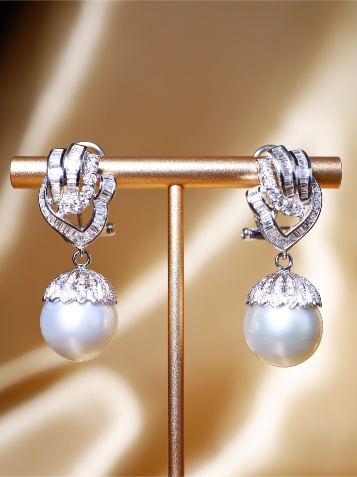 14 mm Australian South Sea Pearl and Diamond Drop Earrings in 18K White Gold - Image 6