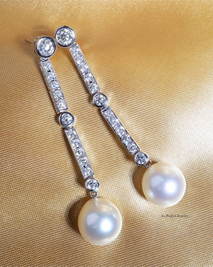 11 mm South Sea Pearl and Diamond Art Deco Drop Earrings in 18K White Gold - Image 6