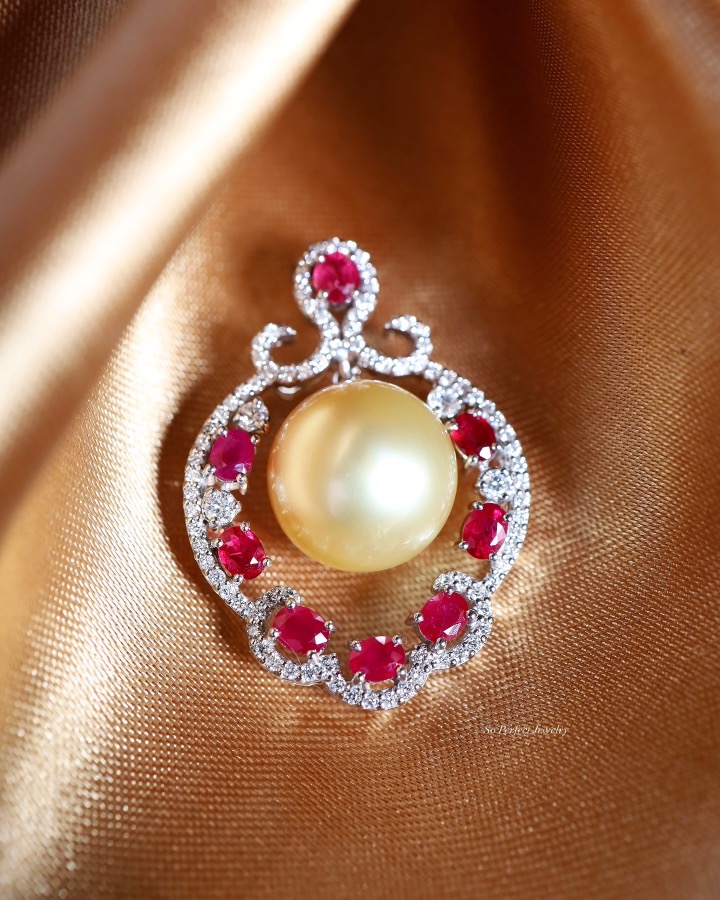 14.5 mm Golden South Sea Pearl, Burmese Ruby and Diamond Pendant in 18K White Gold - Image 4