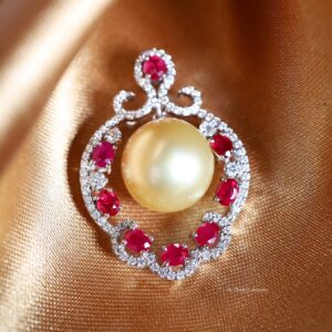 14.5 mm Golden South Sea Pearl, Burmese Ruby and Diamond Pendant in 18K White Gold
