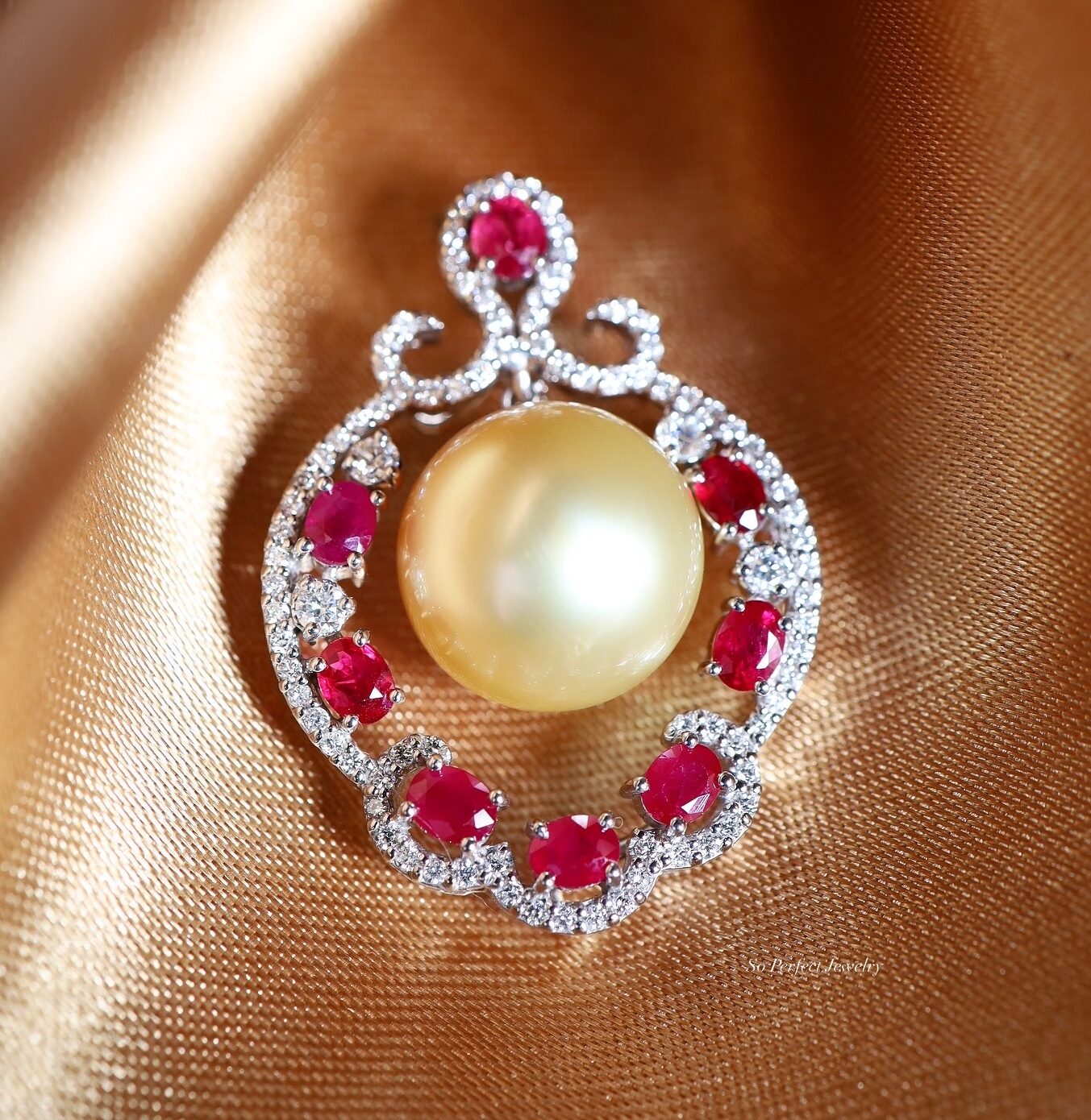 14.5 mm Golden South Sea Pearl, Burmese Ruby and Diamond Pendant in 18K White Gold