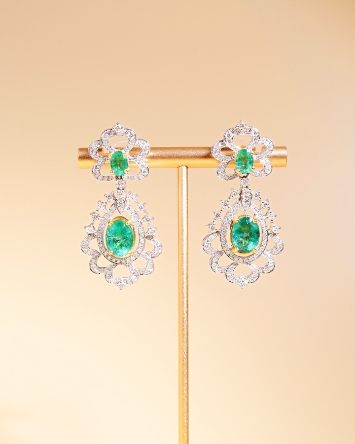 7.51 Carat Zambian Emerald and Diamond Floral Chandelier Earrings - Image 7