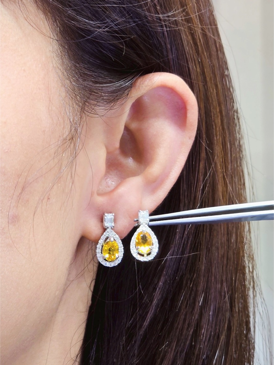 2.23 Carat Thai Yellow Sapphire and Diamond Drop Earrings in 18K White Gold - Image 2
