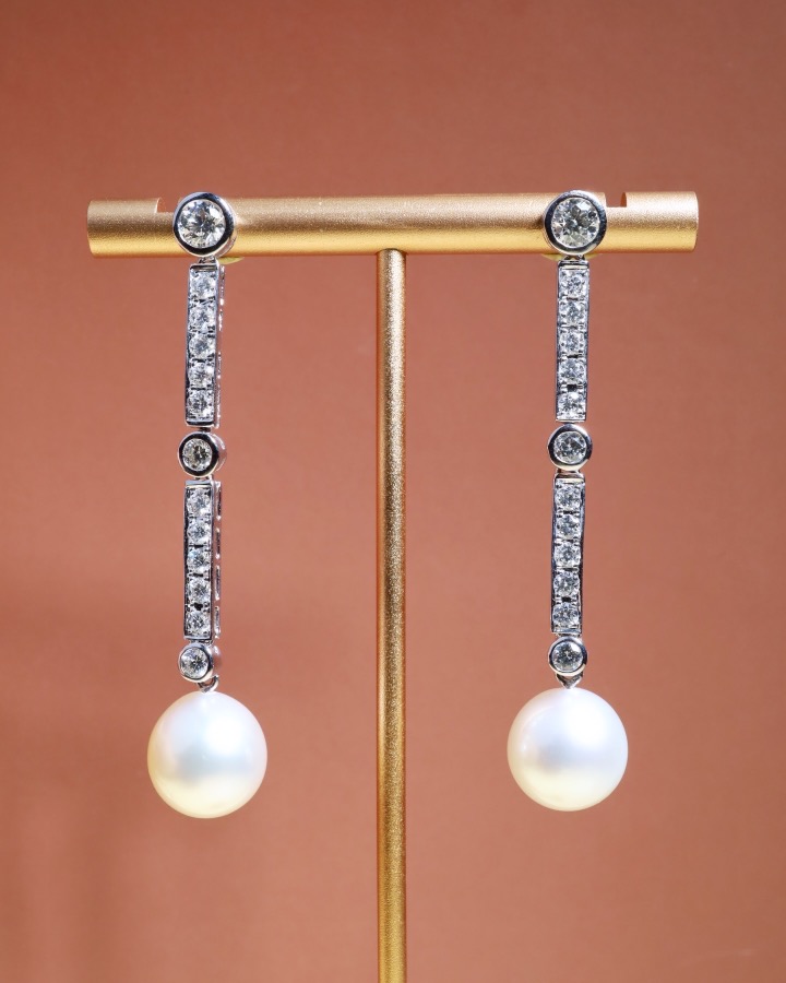 11 mm South Sea Pearl and Diamond Art Deco Drop Earrings in 18K White Gold - Image 4