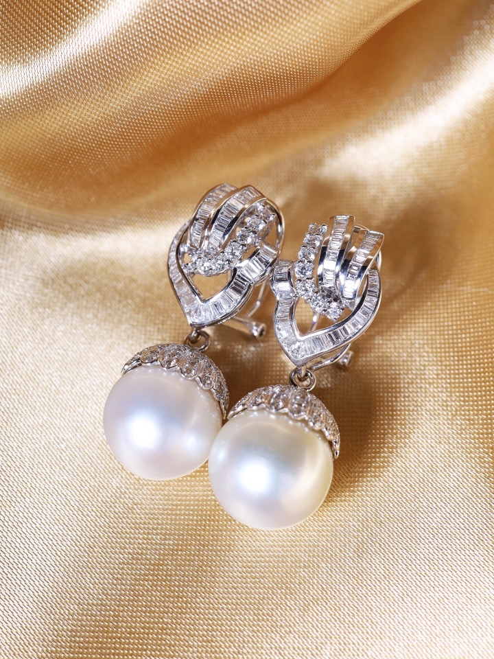14 mm Australian South Sea Pearl and Diamond Drop Earrings in 18K White Gold - Image 4