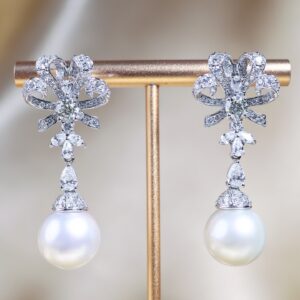 South Sea Pearl and Diamond Ribbon Chandelier Earrings in 18K White Gold
