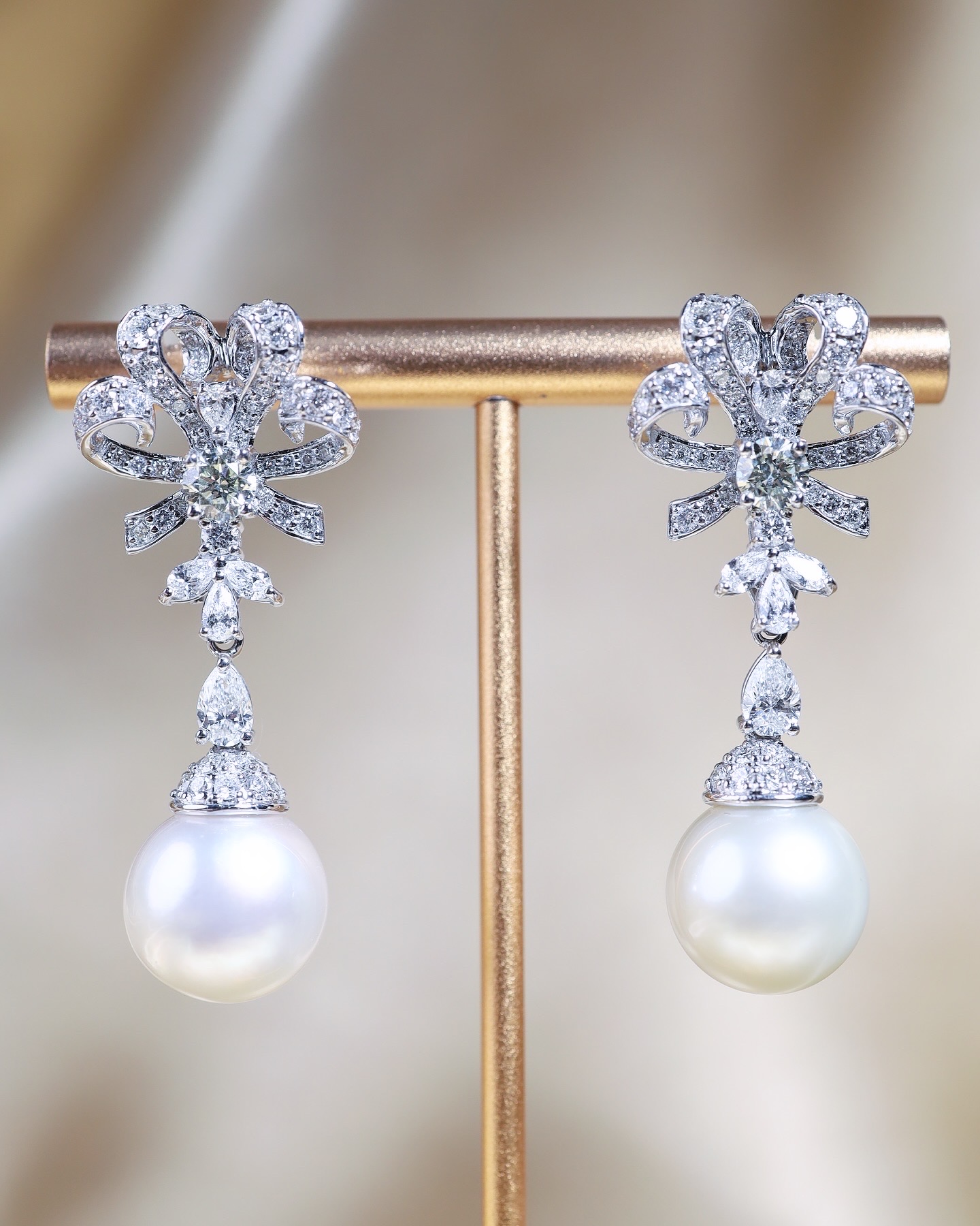 South Sea Pearl and Diamond Ribbon Chandelier Earrings in 18K White Gold