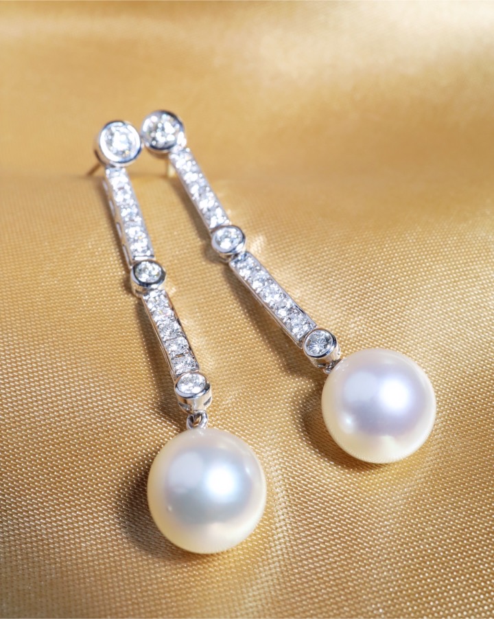 11 mm South Sea Pearl and Diamond Art Deco Drop Earrings in 18K White Gold - Image 9
