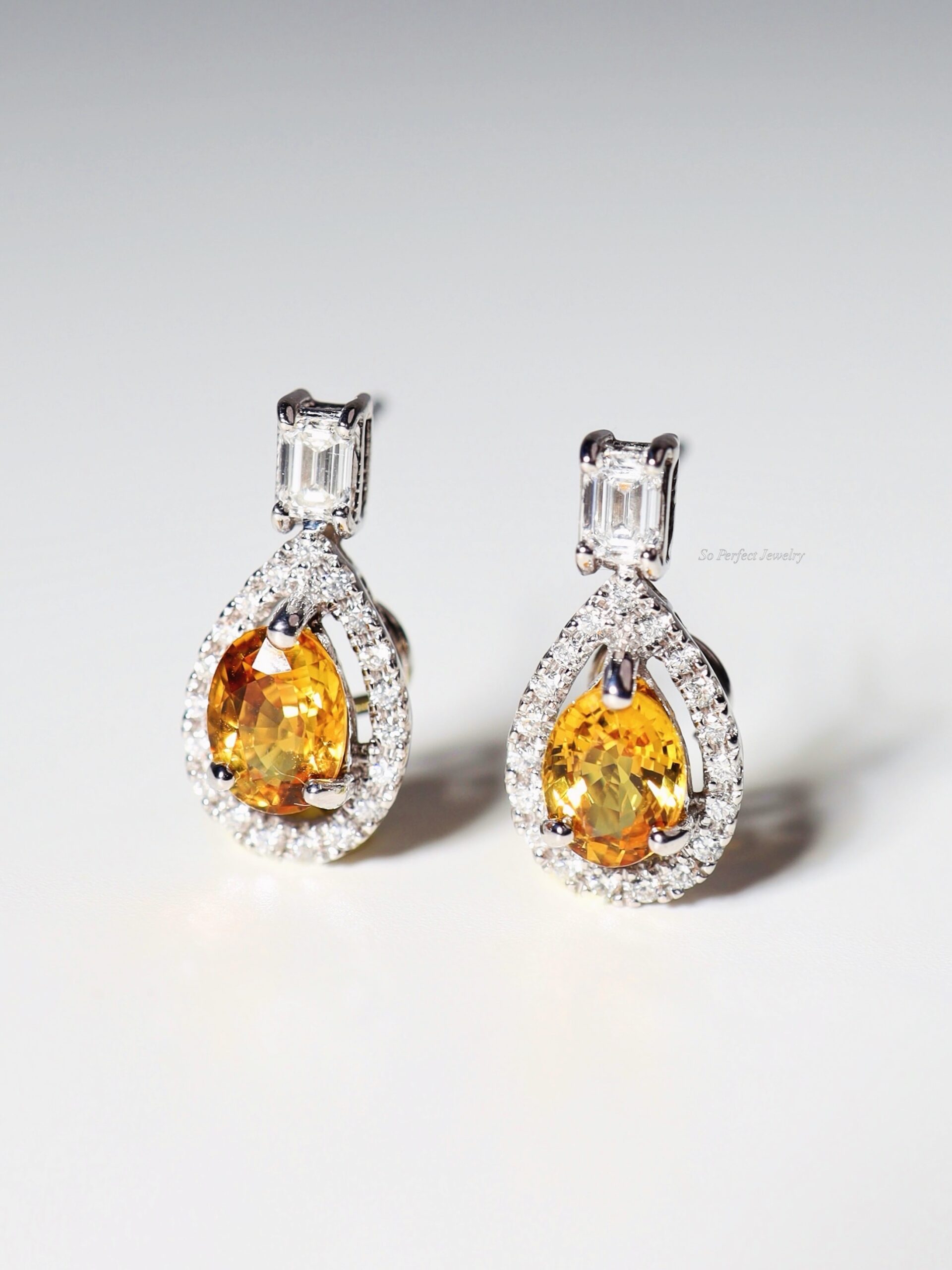 2.23 Carat Thai Yellow Sapphire and Diamond Drop Earrings in 18K White Gold