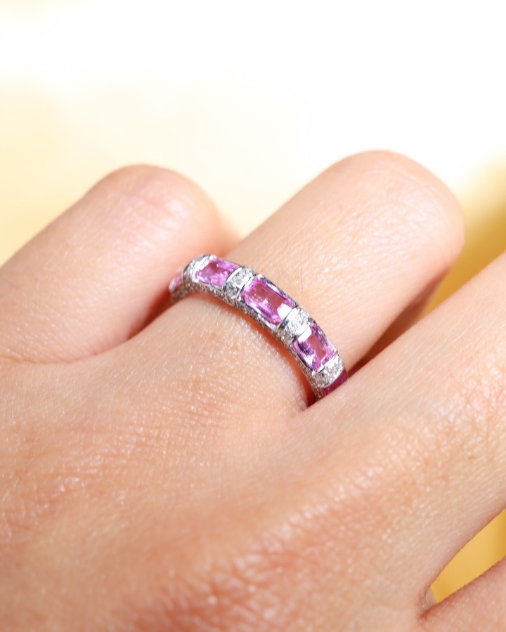 3.71 Carat Ceylon Pink Sapphire and Diamond Eternity Ring in 18K White Gold - Image 8