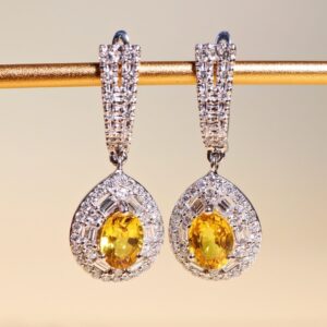 2.84 Carat Thai Yellow Sapphire and Diamond Drop Earrings in 18K White Gold