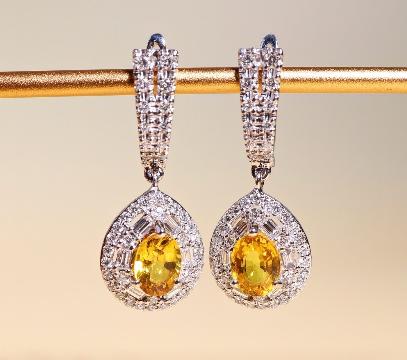 2.84 Carat Thai Yellow Sapphire and Diamond Drop Earrings in 18K White Gold