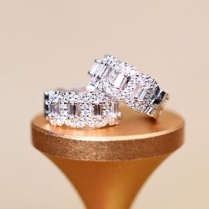 0.98 Carat Baguette and Round Diamond Hoop Earrings in 18K White Gold