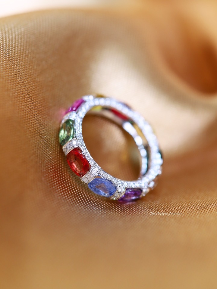 5.28 Carat Rainbow Ceylon Sapphire and Diamond Eternity Ring in 18K White Gold - Image 6