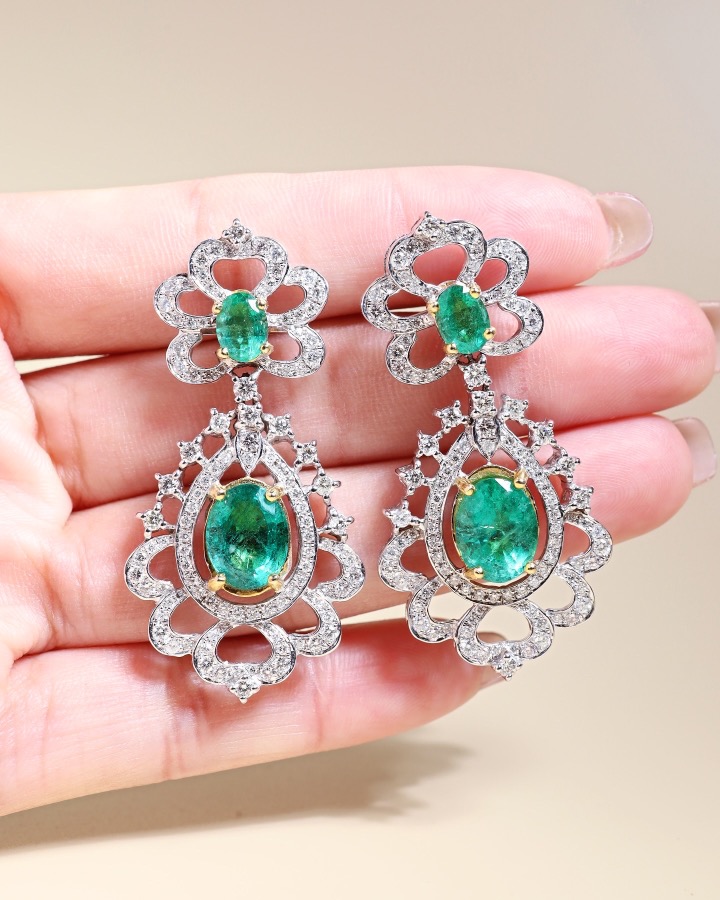 7.51 Carat Zambian Emerald and Diamond Floral Chandelier Earrings - Image 4