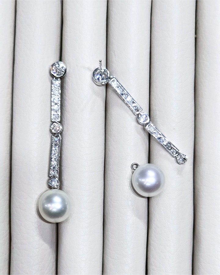 11 mm South Sea Pearl and Diamond Art Deco Drop Earrings in 18K White Gold - Image 11