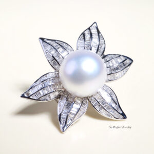 15 mm South Sea Pearl and Diamond Floral Pendant Brooch in 18K White Gold